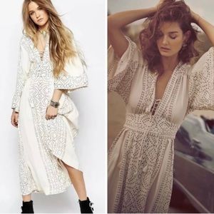 Free People Modern Kimono Pearl Combo Ivory Lace-Up Maxi Dress, Size 0